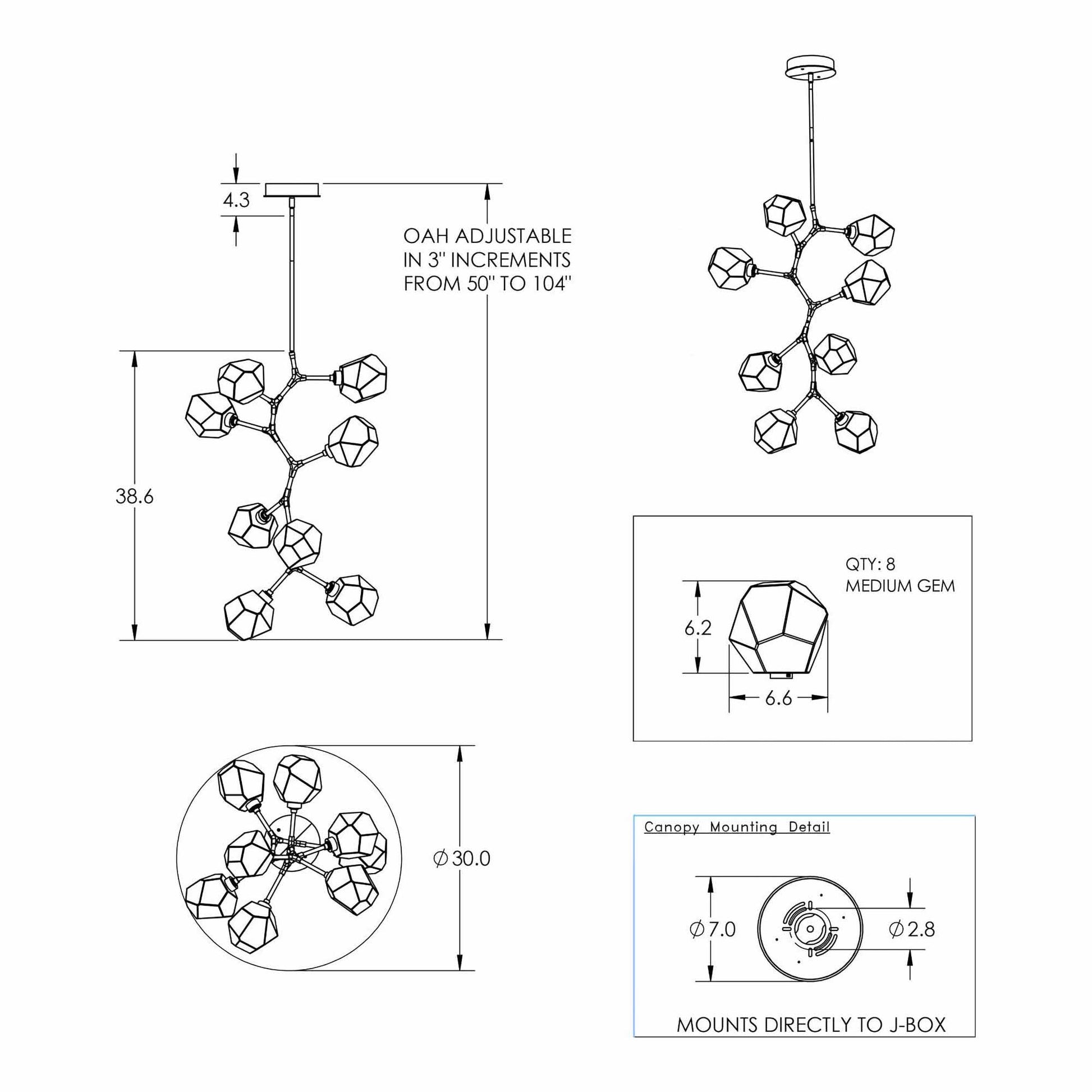 Gem Modern Vine LED Pendant Light - line drawing.