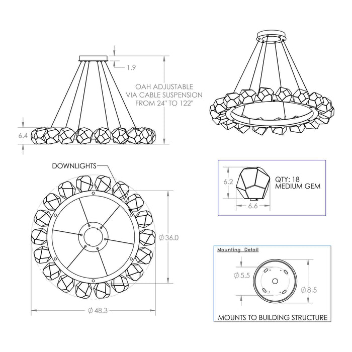 Gem Radial Ring LED Chandelier - line drawing.
