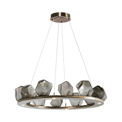 Gem Ring LED Chandelier in Heritage Brass/Blown Glass Gem - Smoke (37.8-Inch).