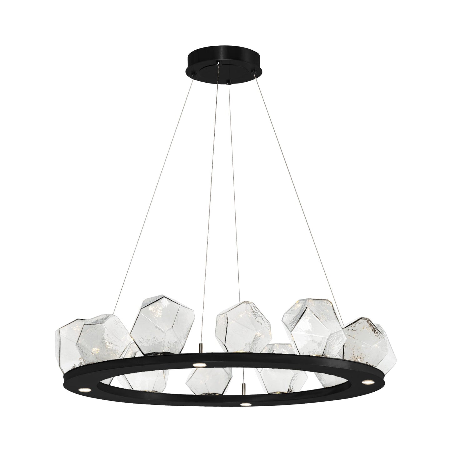 Gem Ring LED Chandelier in Matte Black/Blown Glass Gem - Clear (37.8-Inch).