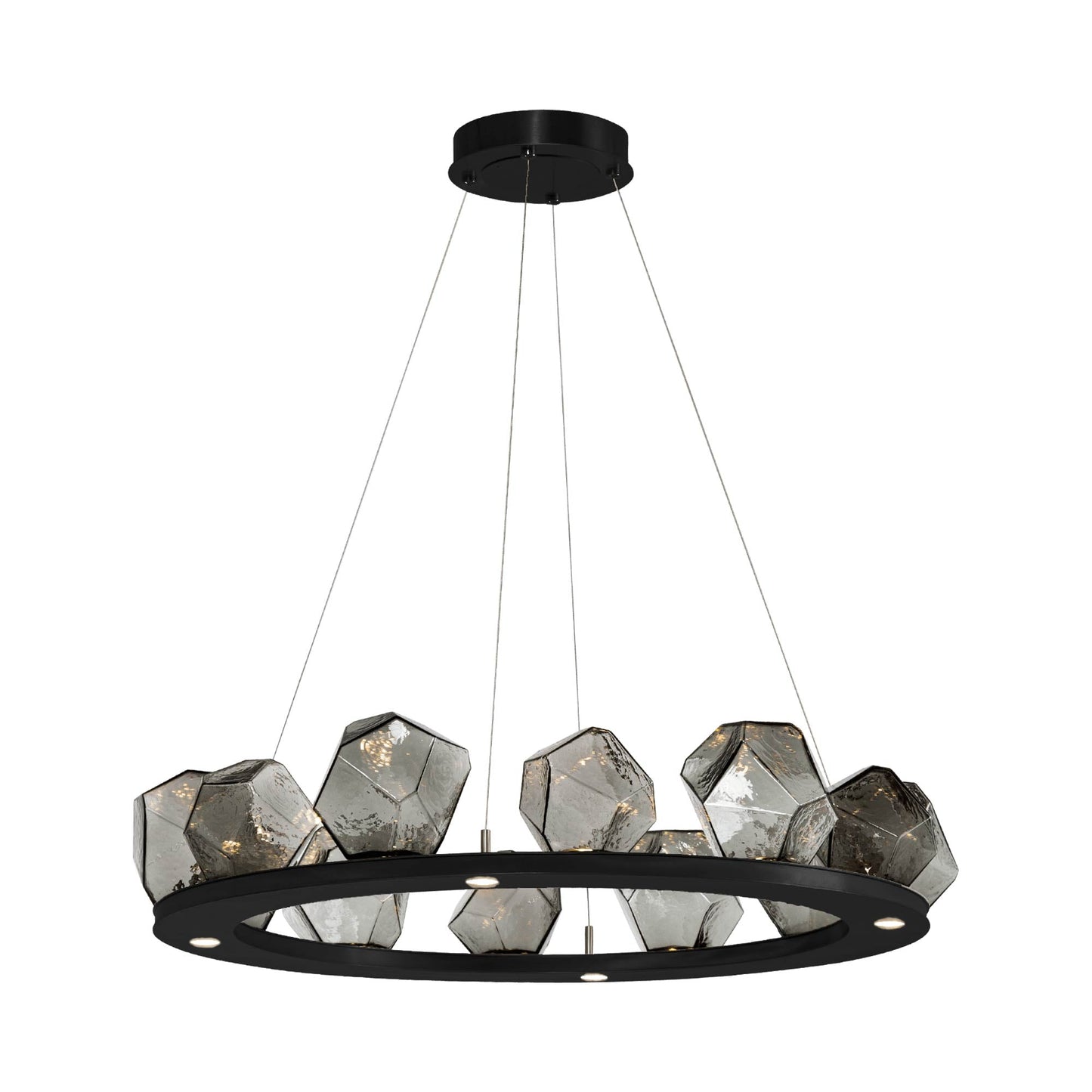 Gem Ring LED Chandelier in Matte Black/Blown Glass Gem - Smoke (37.8-Inch).