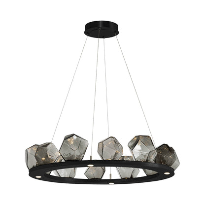 Gem Ring LED Chandelier in Matte Black/Blown Glass Gem - Smoke (37.8-Inch).