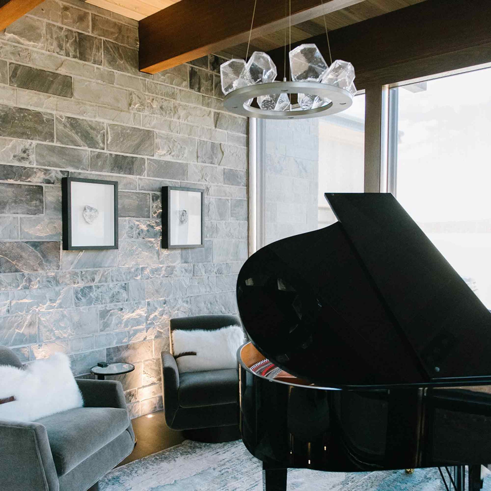 Gem Ring LED Chandelier in living room.