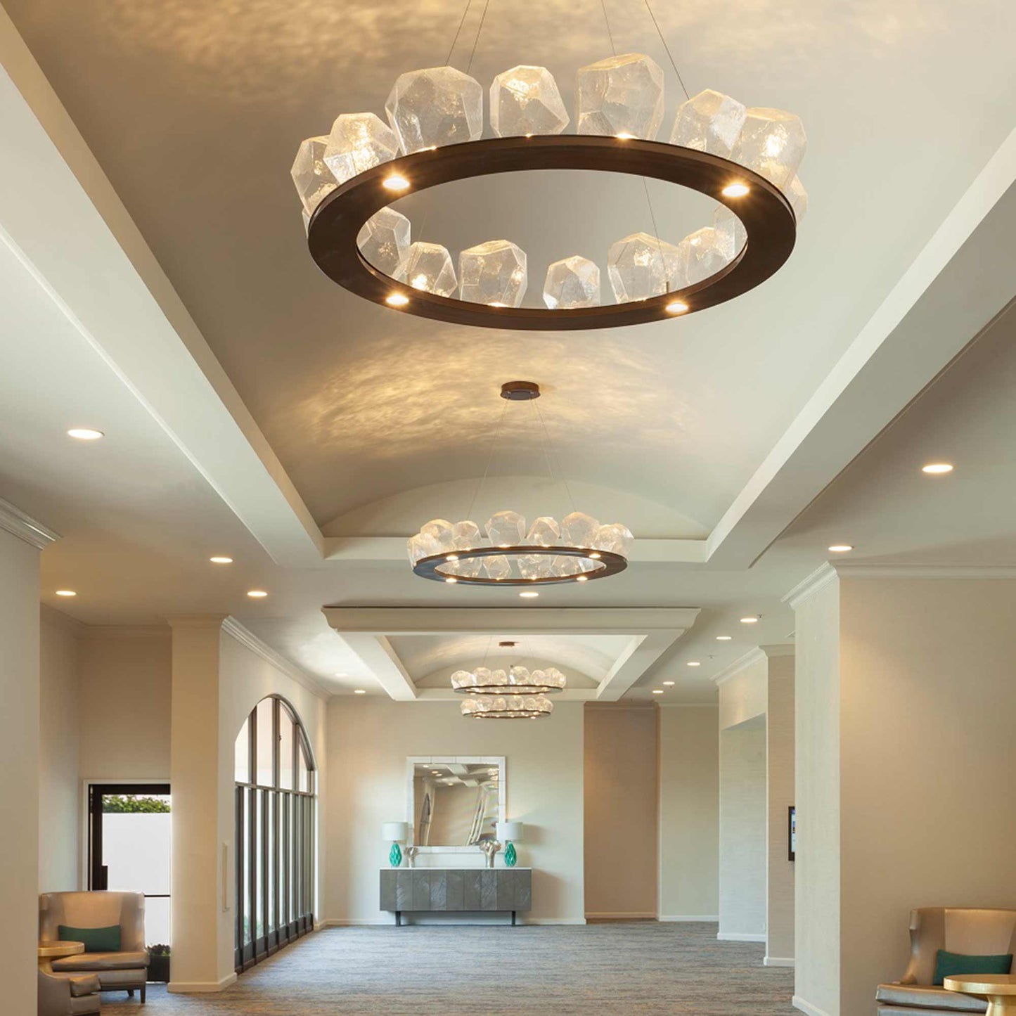 Gem Ring LED Chandelier in living room.