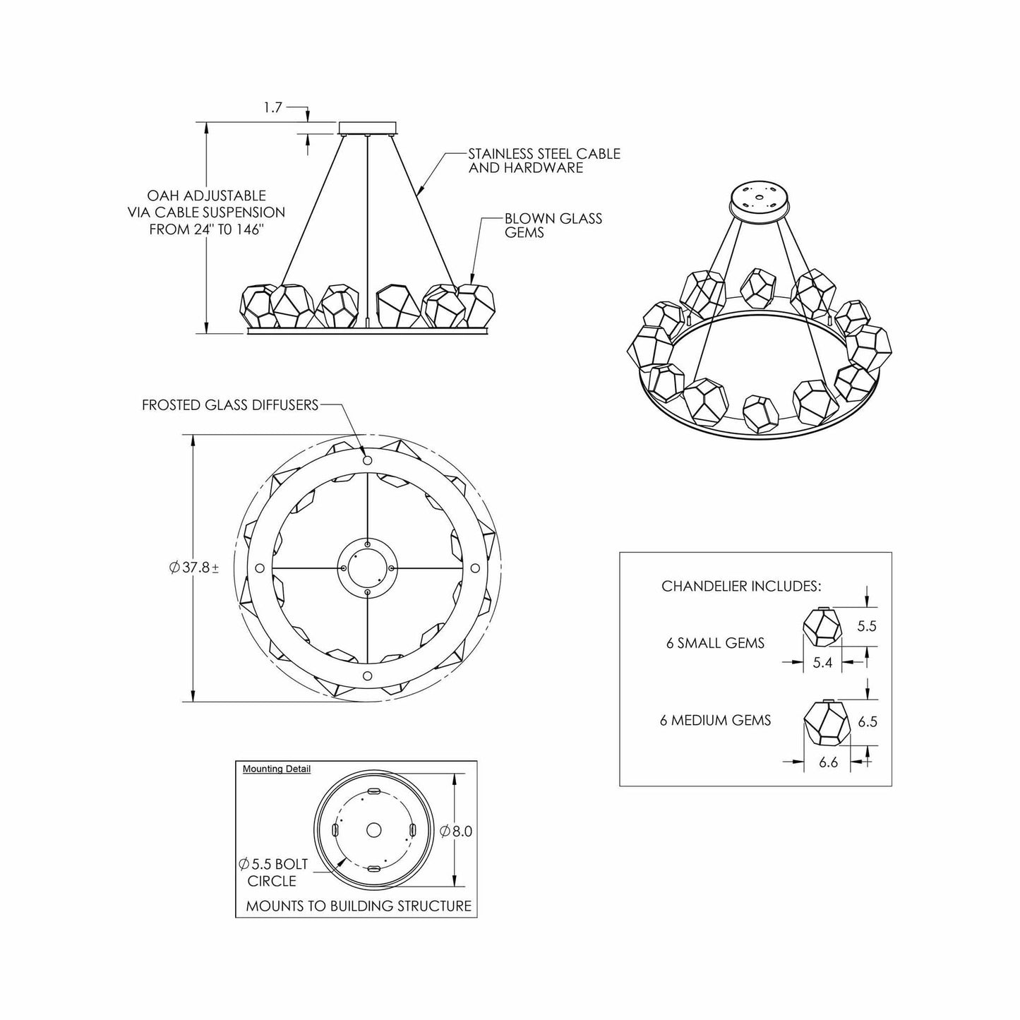 Gem Ring LED Chandelier - line drawing.