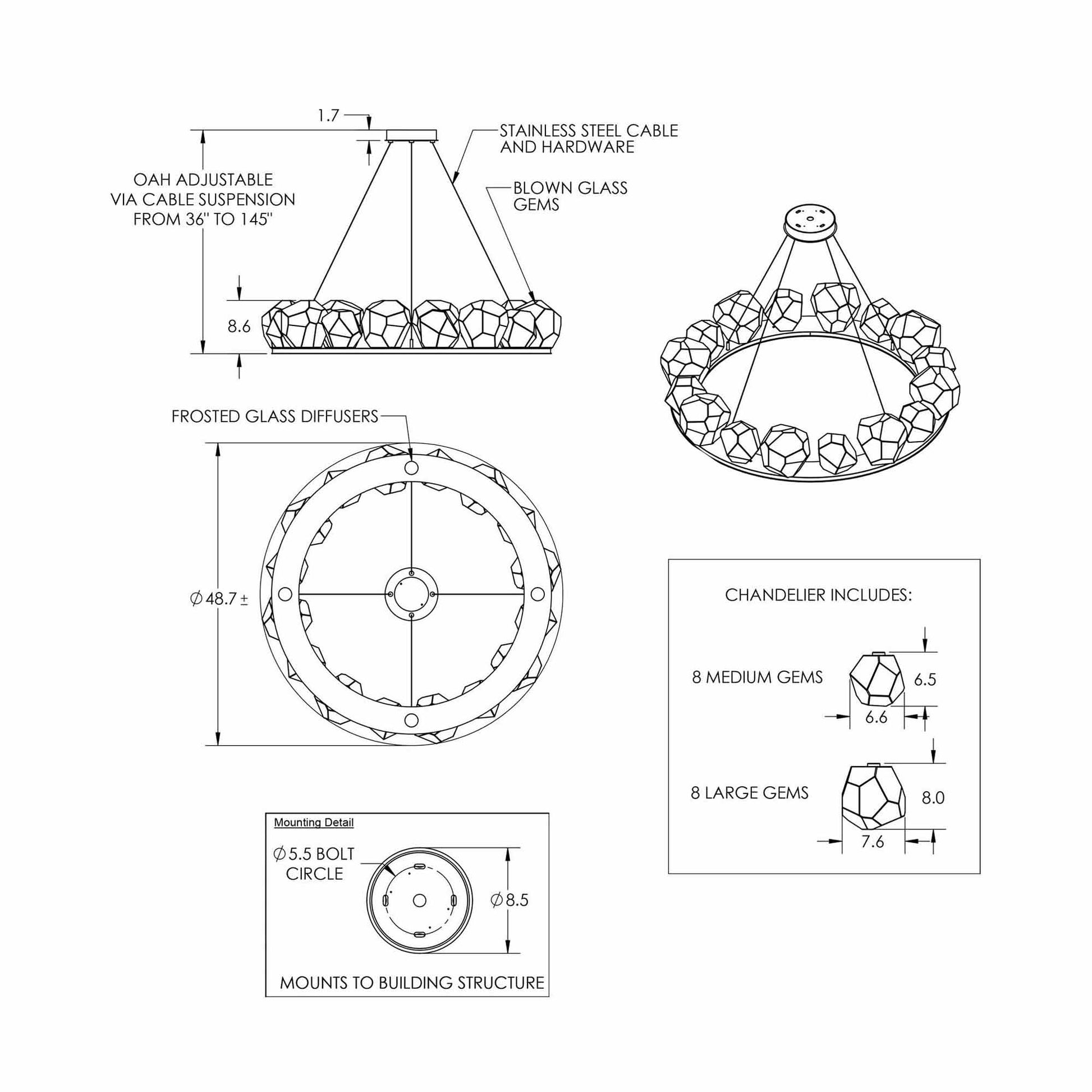 Gem Ring LED Chandelier - line drawing.