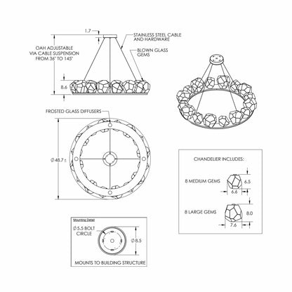 Gem Ring LED Chandelier - line drawing.