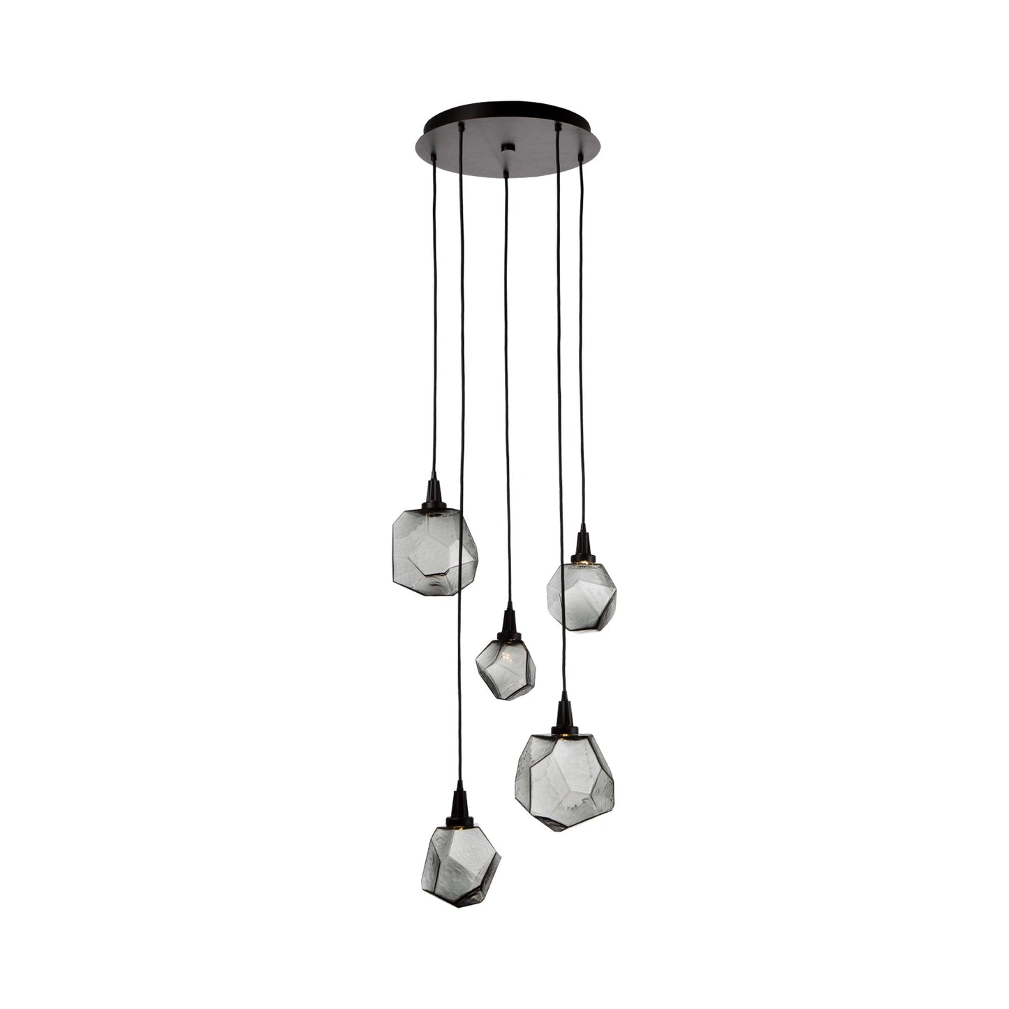 Gem Round LED Multi Light Pendant Light in Matte Black/Blown Glass Gem - Smoke (5-Light).