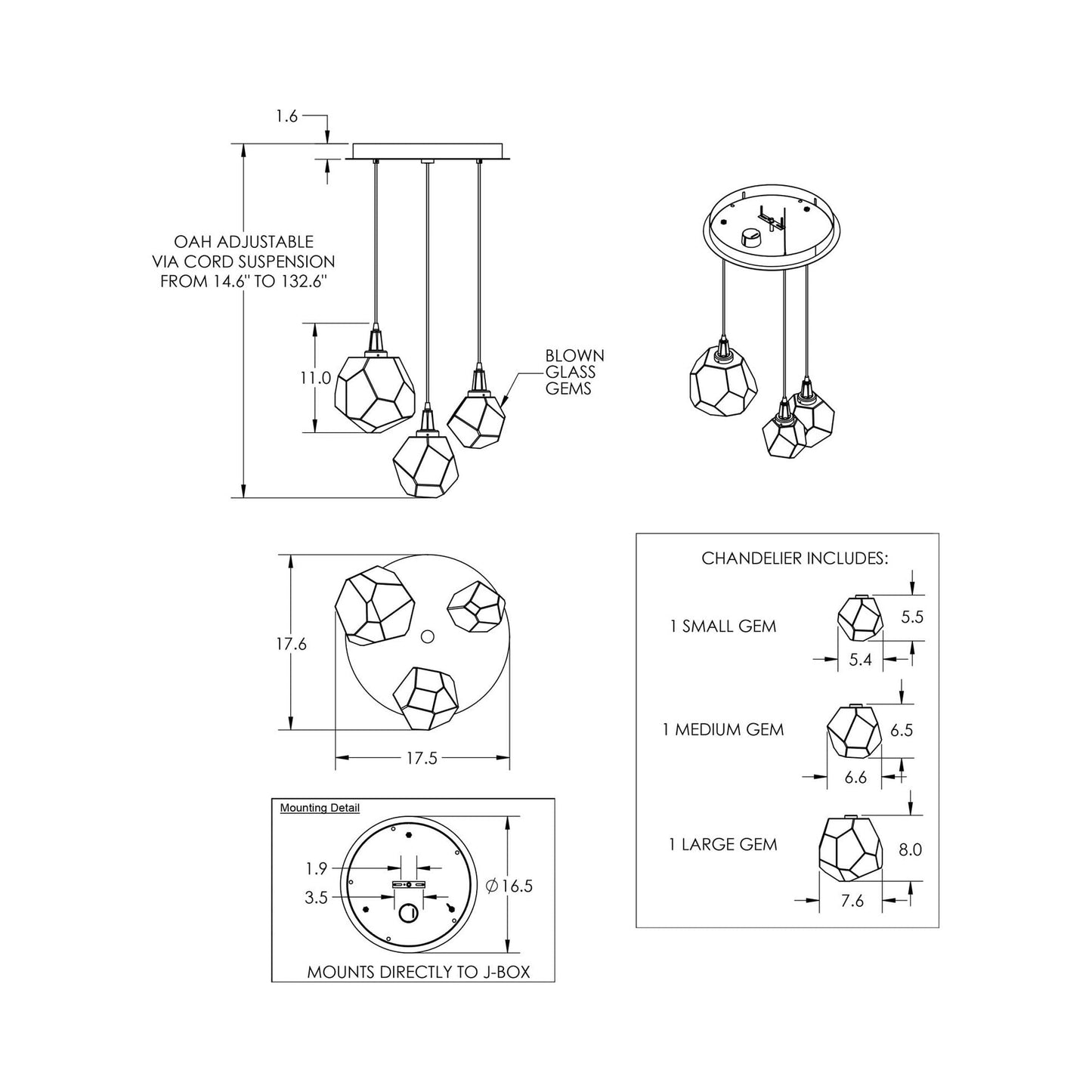 Gem Round LED Multi Light Pendant Light - line drawing.