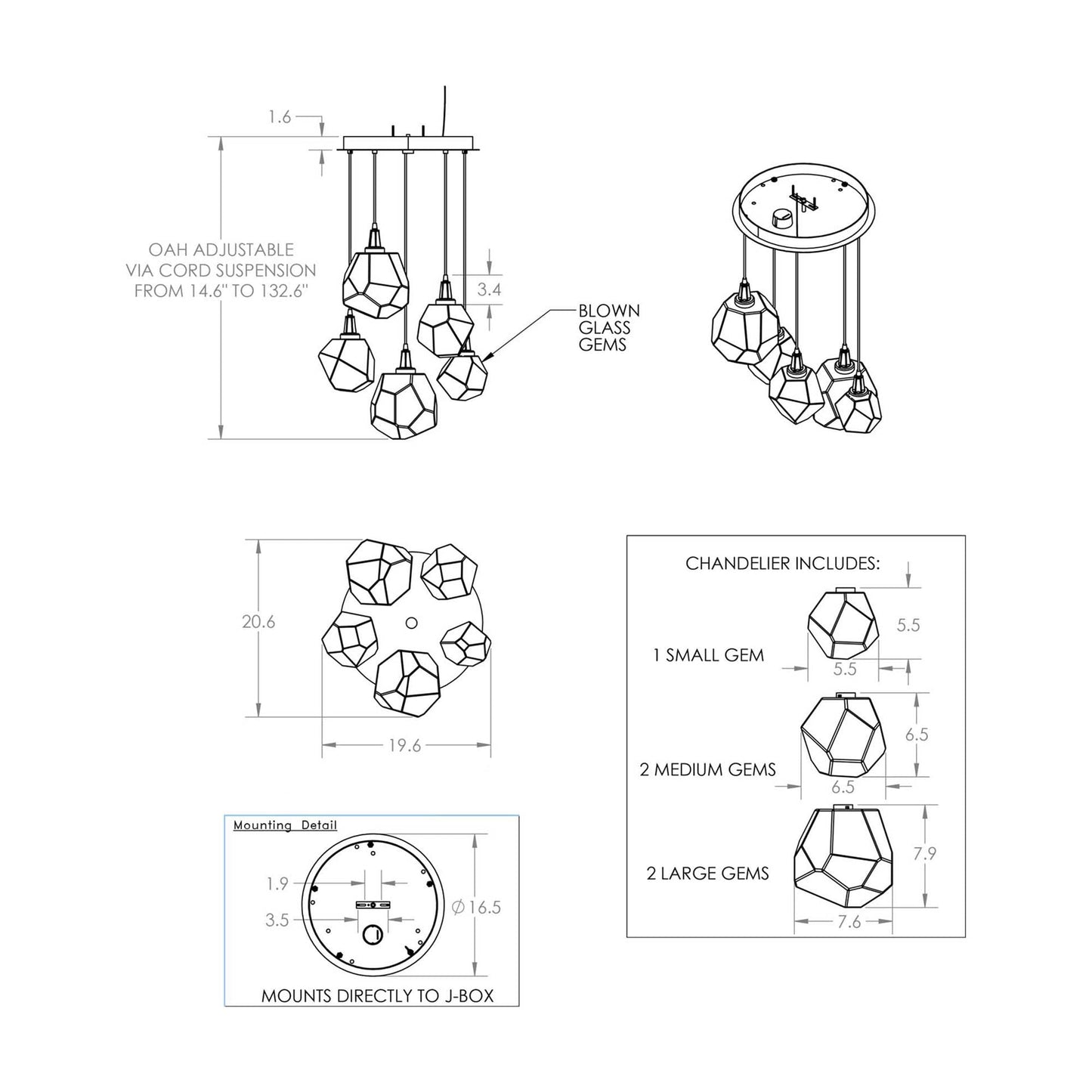 Gem Round LED Multi Light Pendant Light - line drawing.