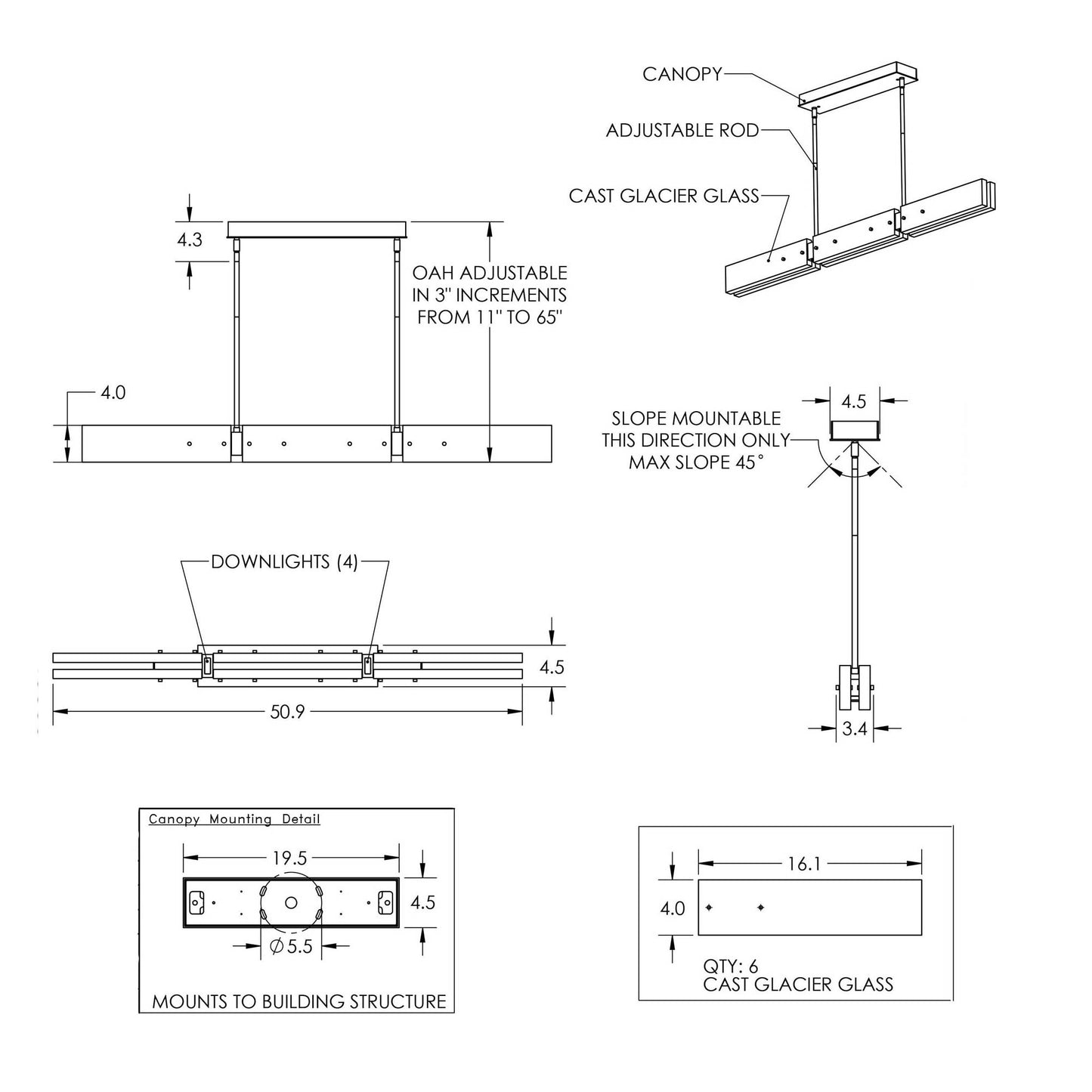 Glacier LED Linear Pendant Light - line drawing.