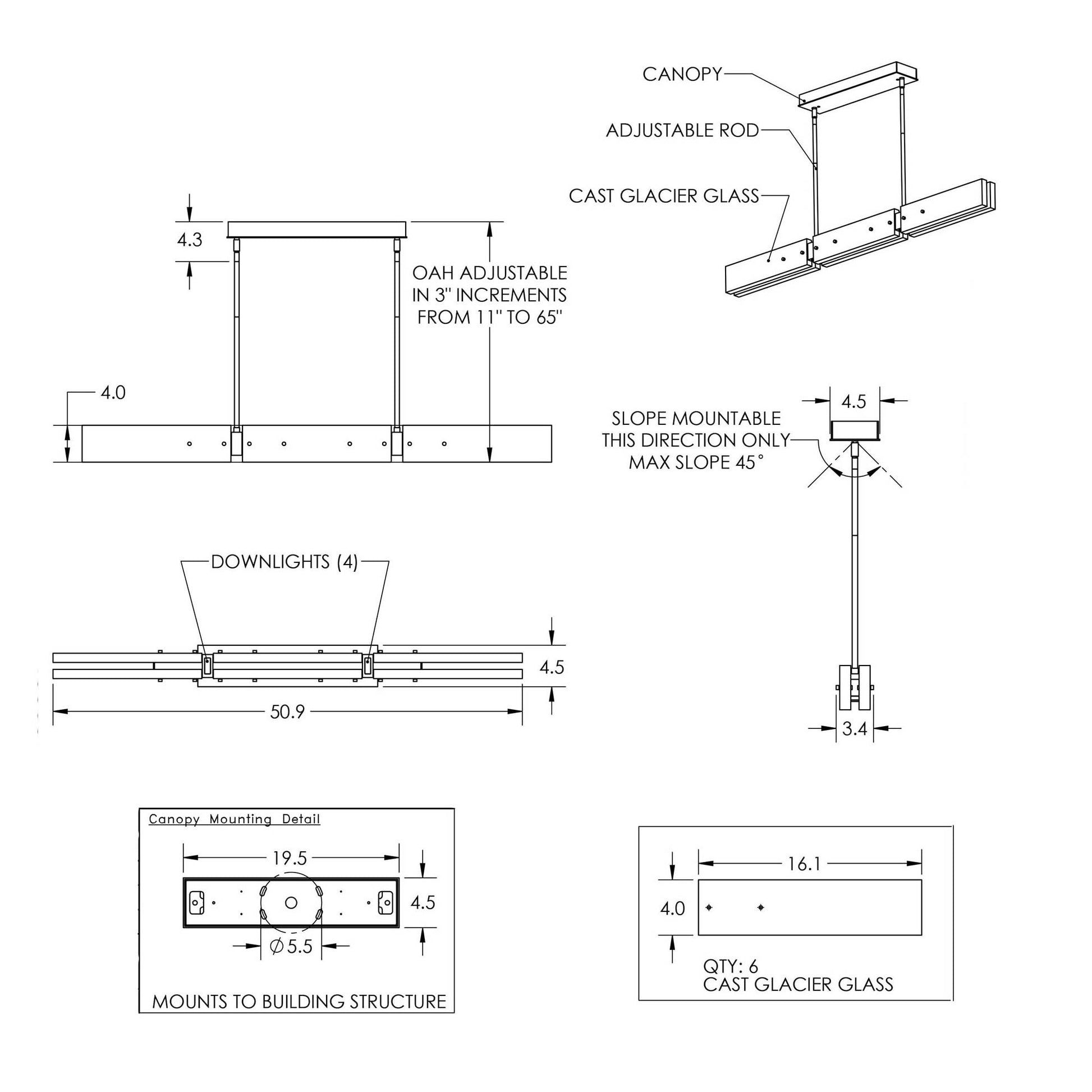 Glacier LED Linear Pendant Light - line drawing.