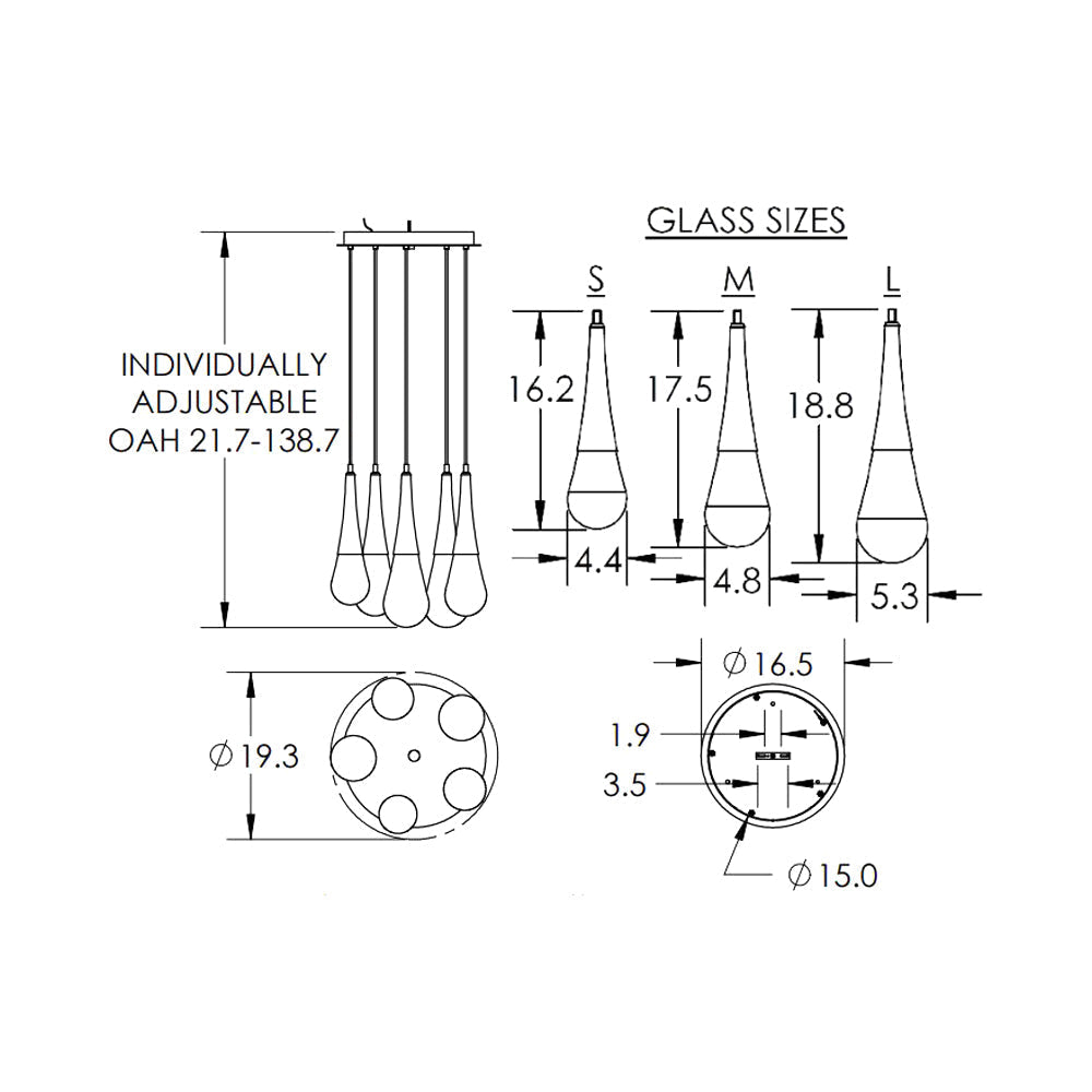 Raindrop LED Multi Light Pendant Light - line drawing.