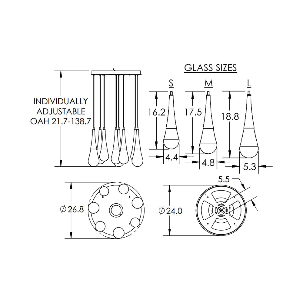 Raindrop LED Multi Light Pendant Light - line drawing.