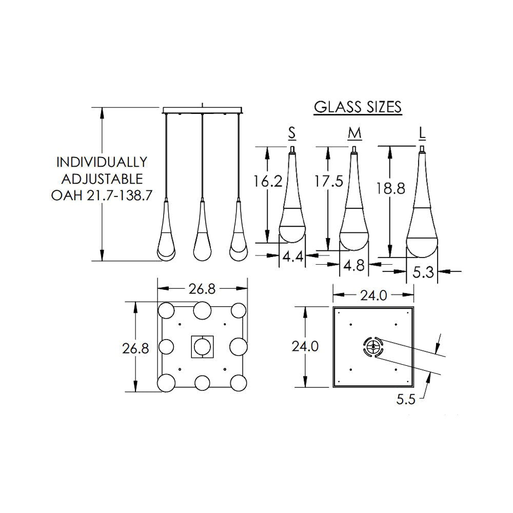 Raindrop LED Multi Light Pendant Light - line drawing.