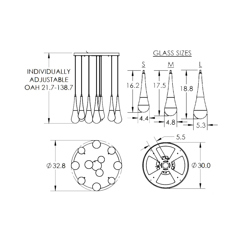 Raindrop LED Multi Light Pendant Light - line drawing.