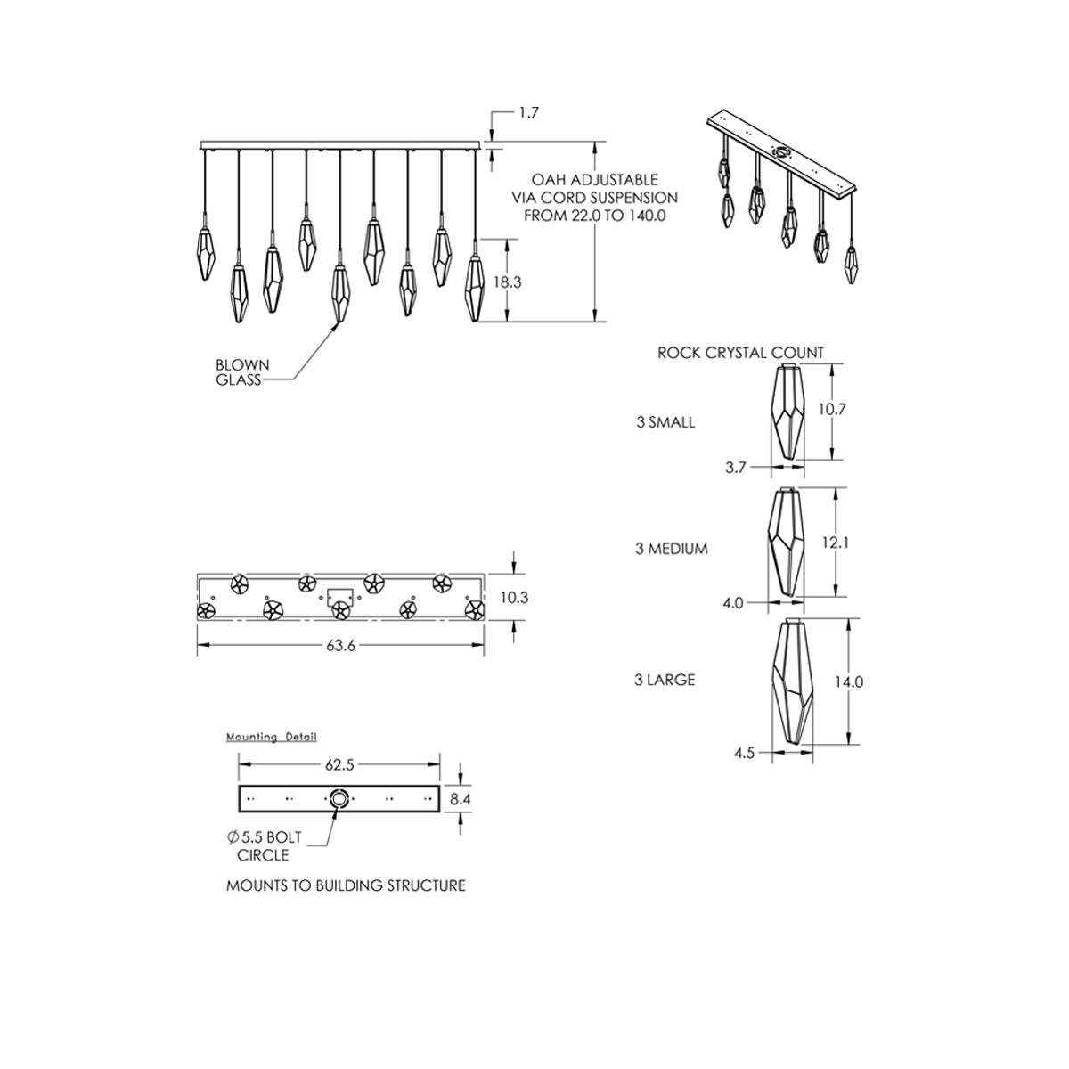 Rock Crystal LED Multi Light Pendant Light - line drawing.