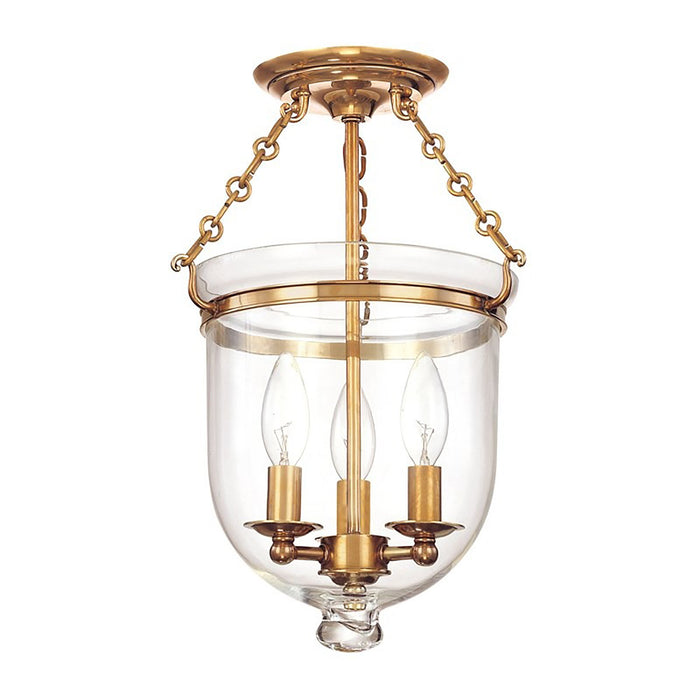 Hampton Semi Flush Mount Ceiling Light in Small/Aged Brass/Clear.