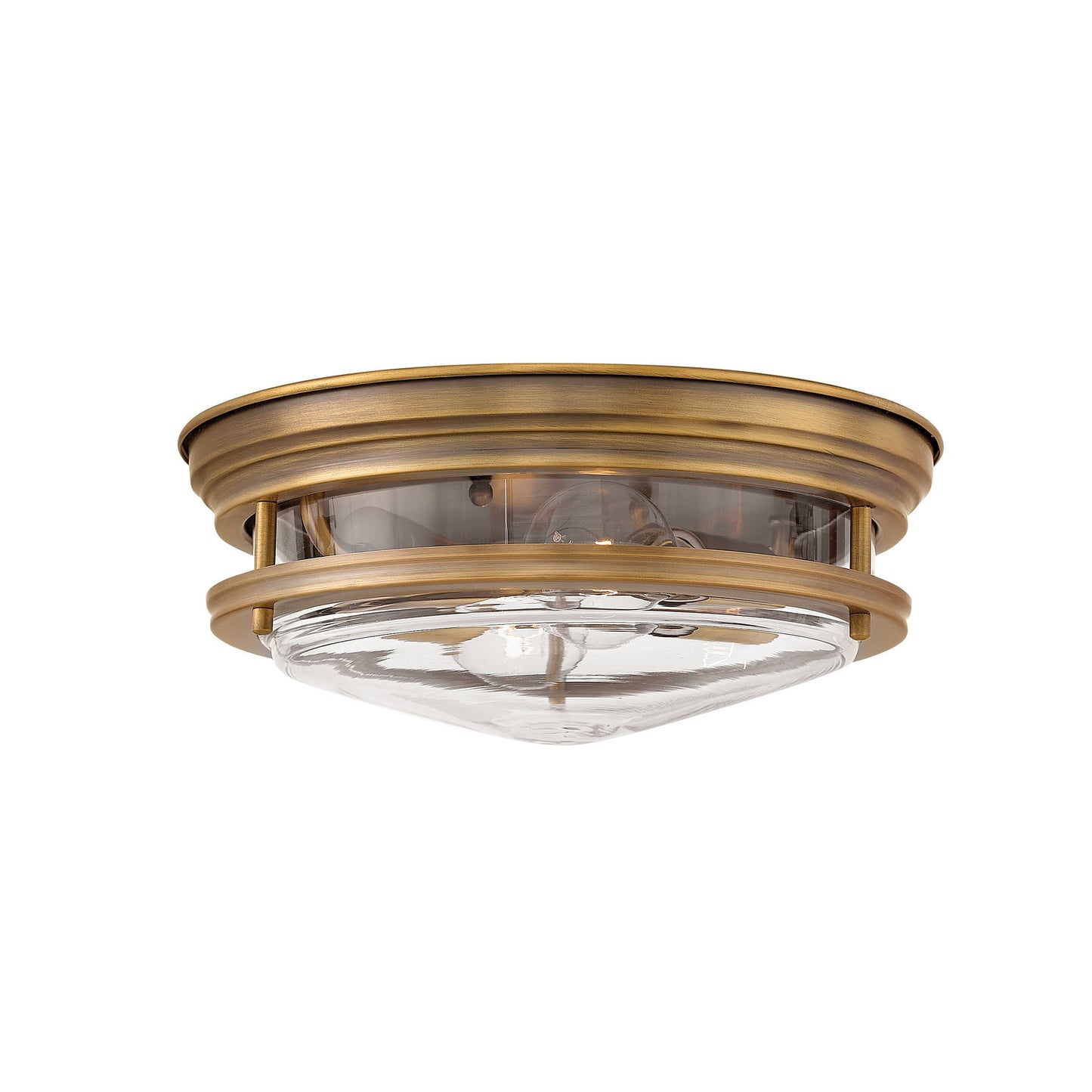 Hadley Flush Mount Ceiling Light in Medium/Antique Nickel/Clear Glass.