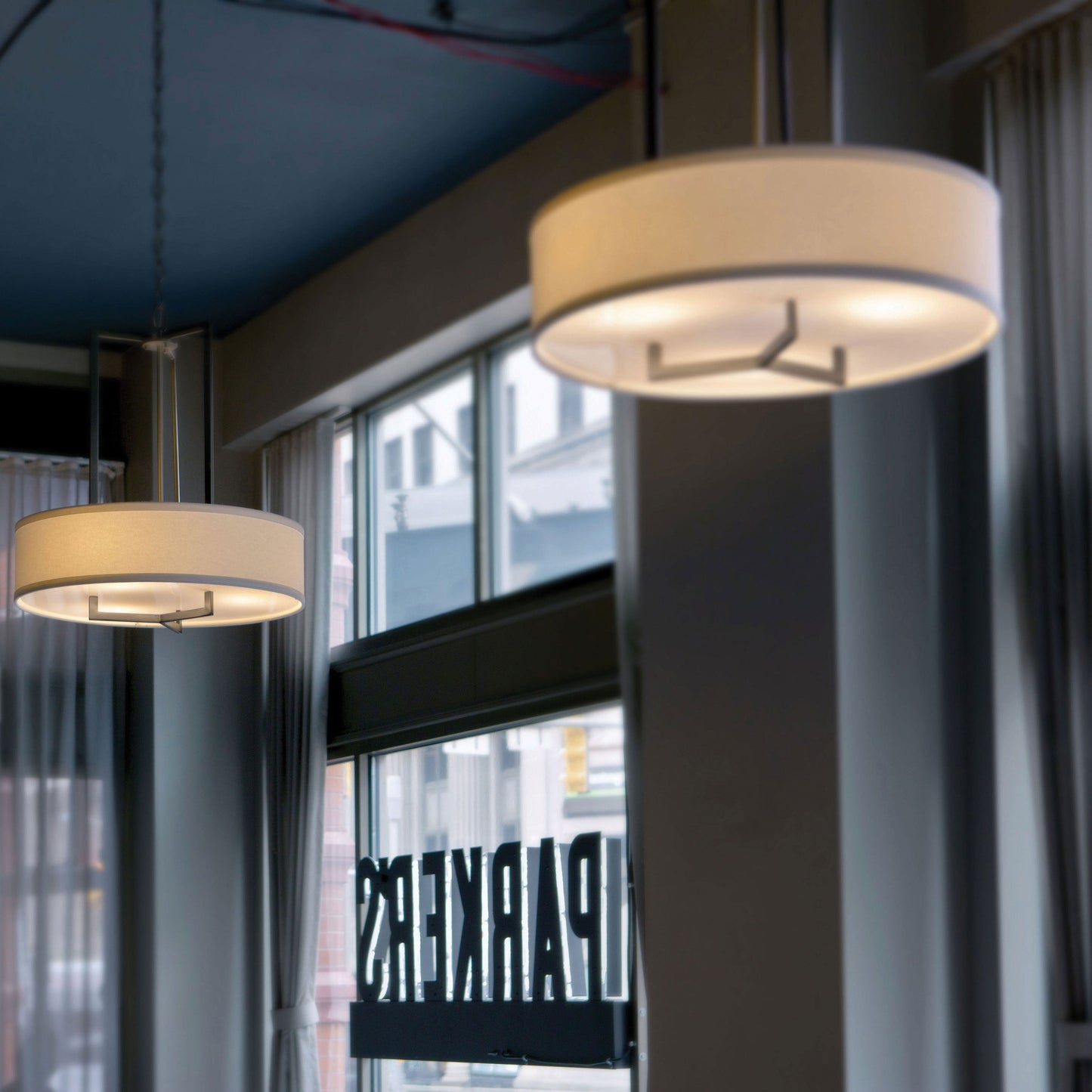 Hampton Drum Pendant Light in restaurant.