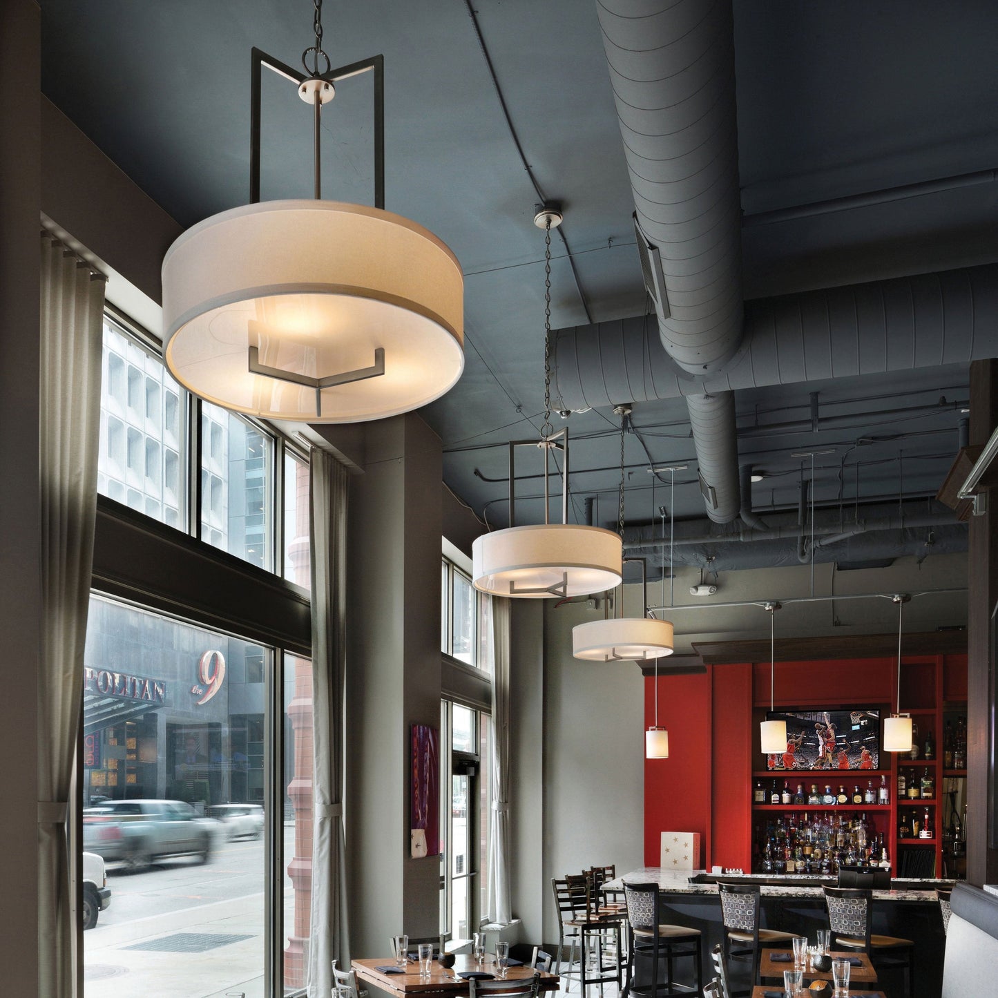 Hampton Drum Pendant Light in restaurant.