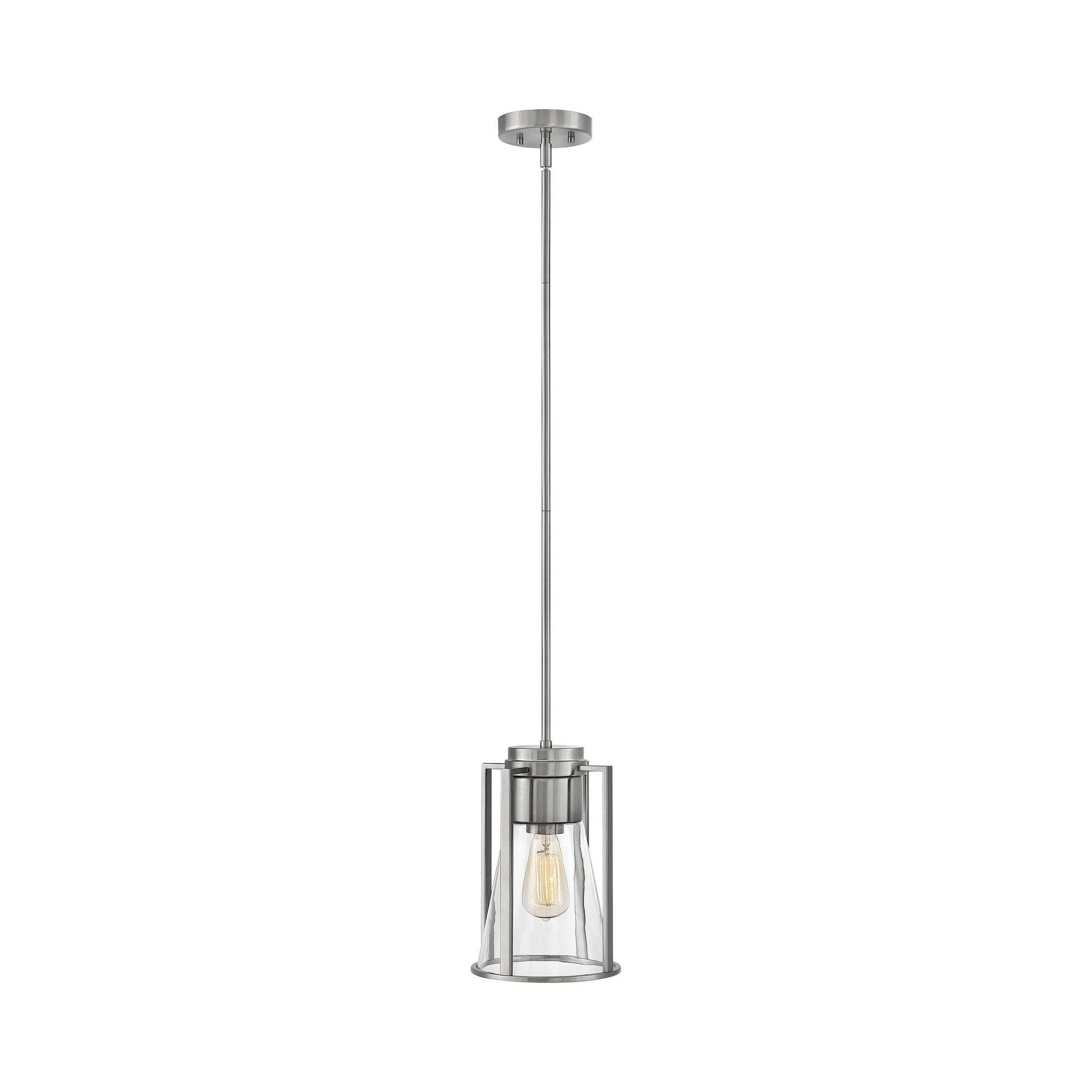 Refinery Pendant Light in Brushed Nickel/Clear Glass.