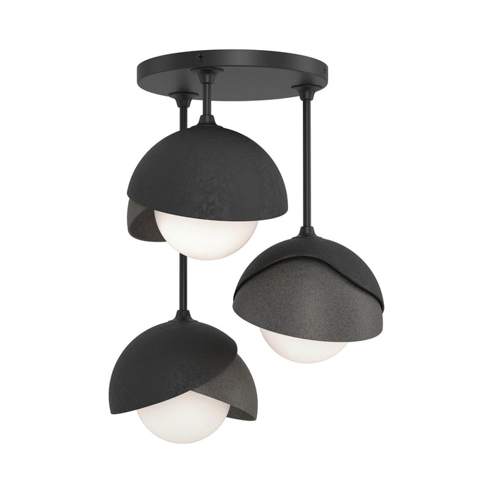 Brooklyn 3-Light Double Shade Semi Flush Mount Ceiling Light in Black/Natural Iron.
