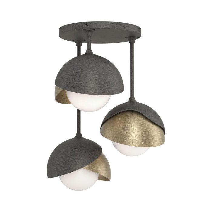 Brooklyn 3-Light Double Shade Semi Flush Mount Ceiling Light in Natural Iron/Soft Gold.