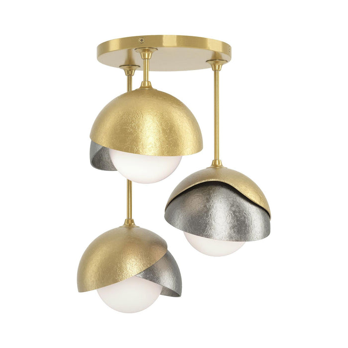 Brooklyn 3-Light Double Shade Semi Flush Mount Ceiling Light in Modern Brass/Sterling.