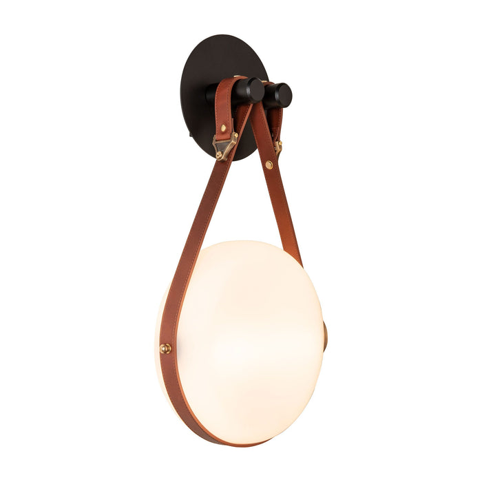 Derby LED Wall Light in Antique Brass/British Brown Leather/Hubbardton Forge Disc.