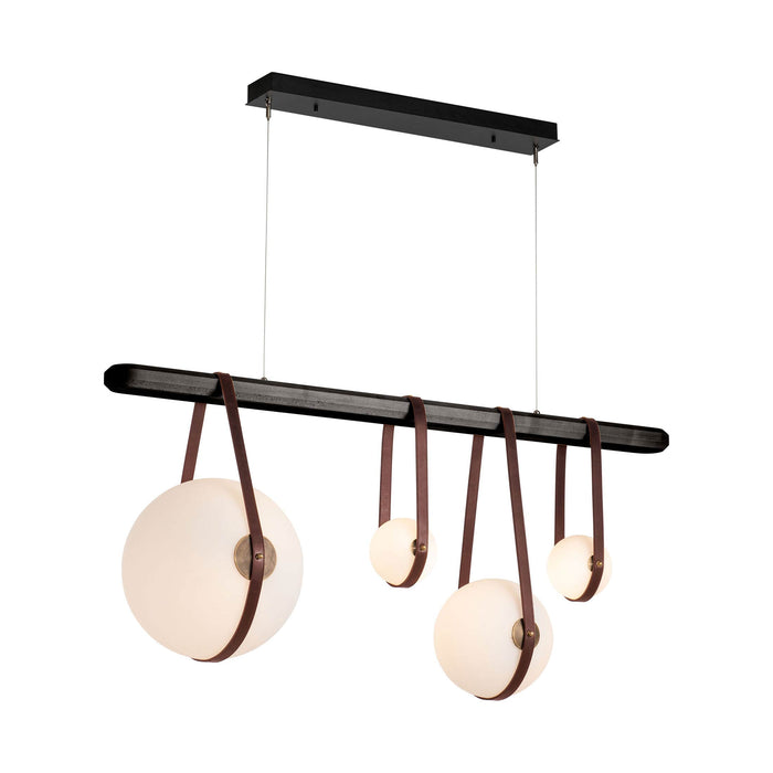 Derby Linear LED Pendant Light in 4-Light/British Brown Leather/Black Wood/Antique Brass.