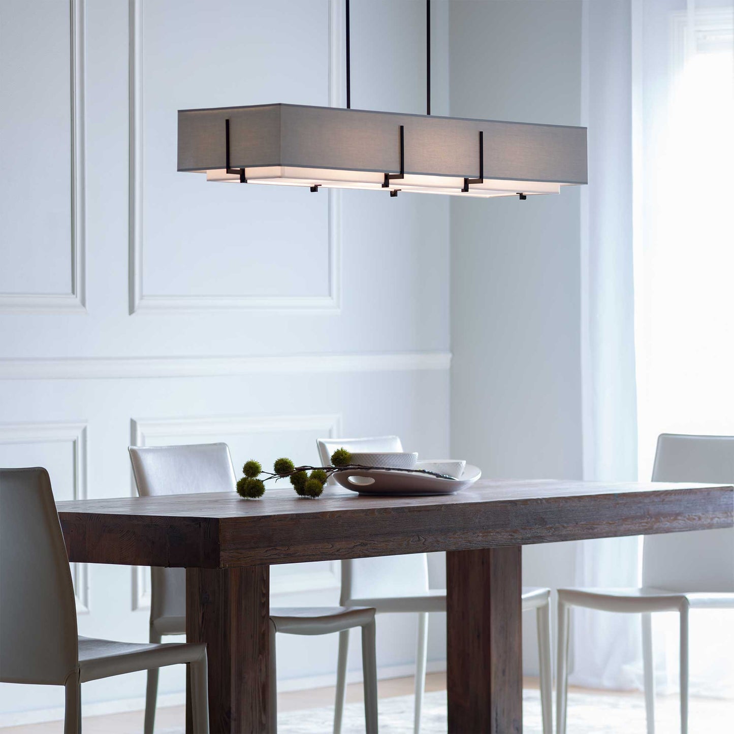 Exos Short Rectangular Pendant Light in dining room.