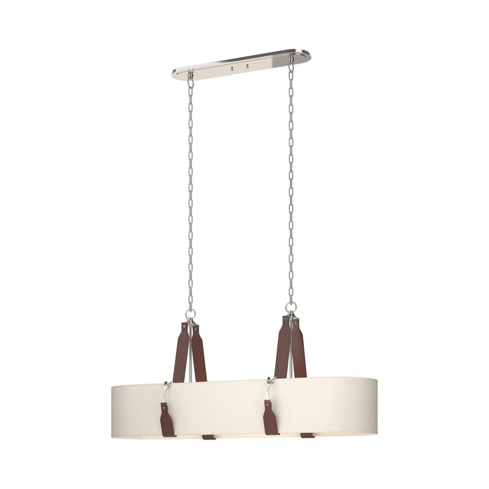 Saratoga Oval Pendant Light in Polished Nickel/Leather British Brown/Natural Linen.