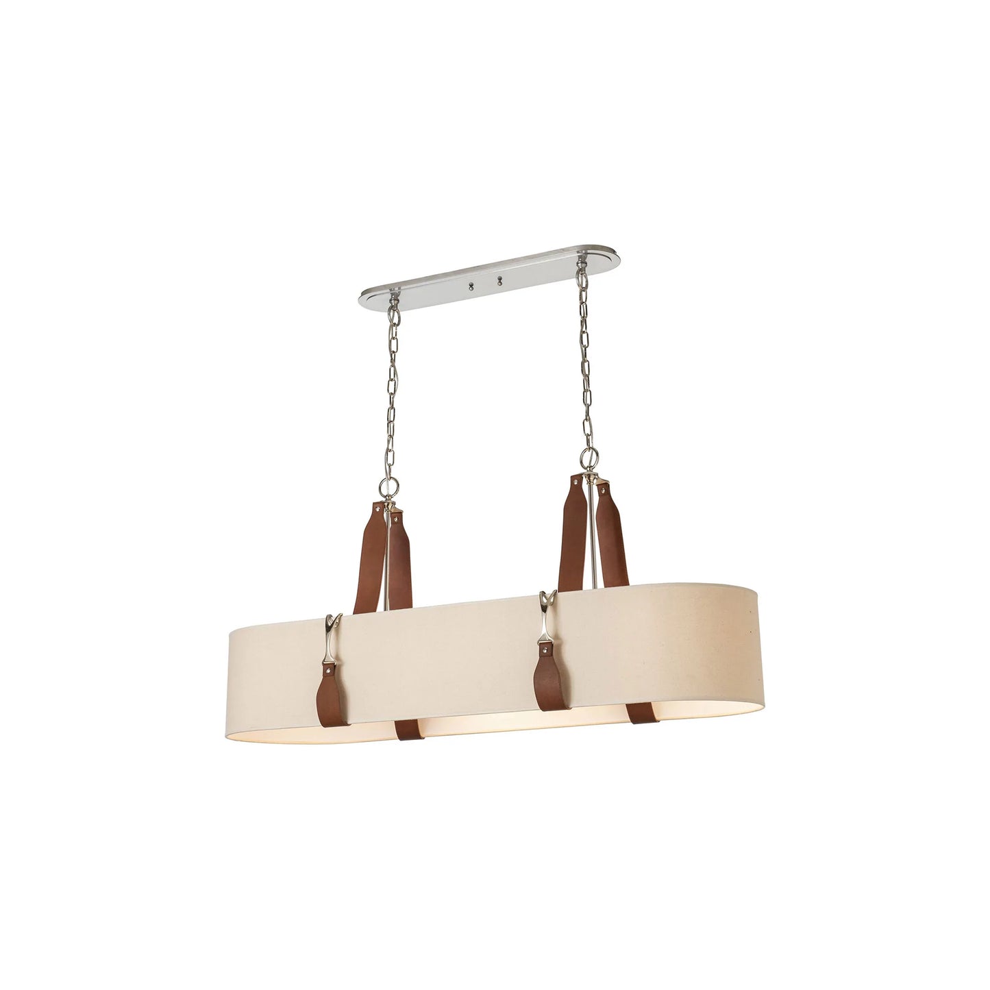 Saratoga Oval Pendant Light in Polished Nickel/Leather Chestnut/Natural Linen.