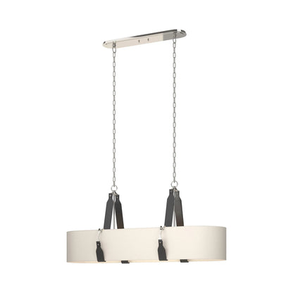 Saratoga Oval Pendant Light in Polished Nickel/Leather Black/Natural Linen.