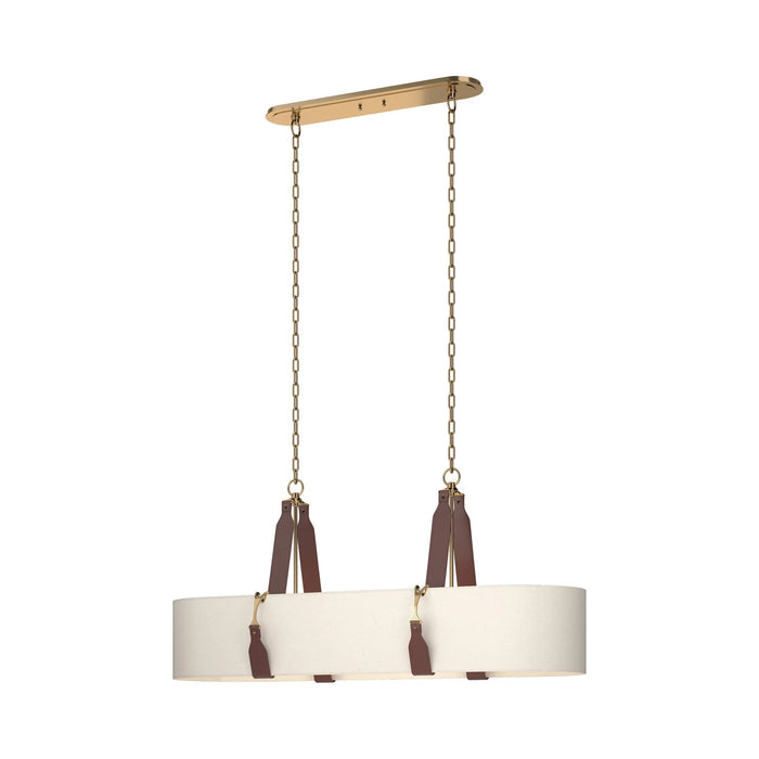Saratoga Oval Pendant Light in Antique Brass/Leather British Brown/Natural Linen.