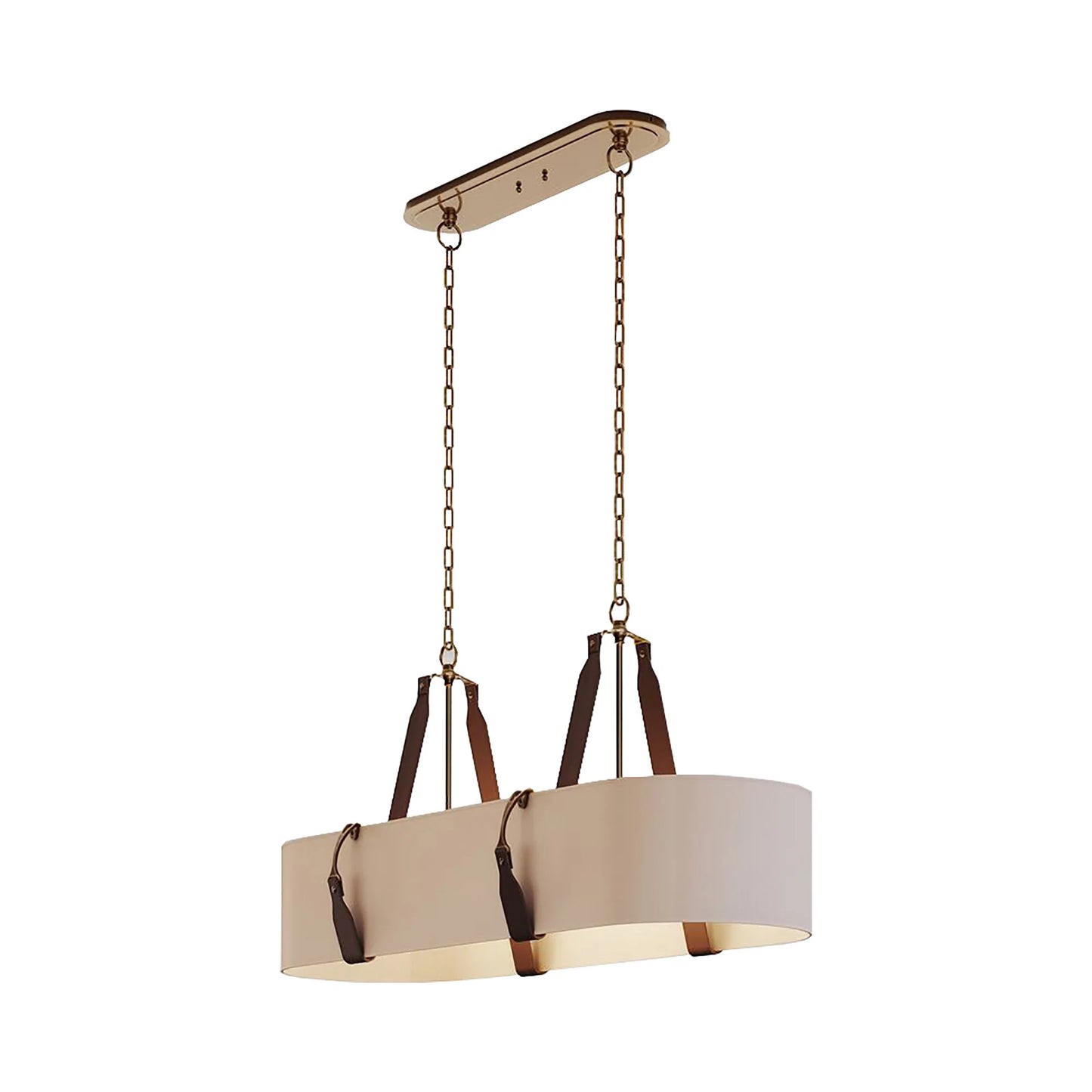 Saratoga Oval Pendant Light in Antique Brass/Leather Chestnut/Natural Linen.