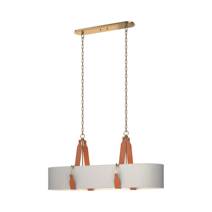 Saratoga Oval Pendant Light in Antique Brass/Leather Chestnut/Light Grey.