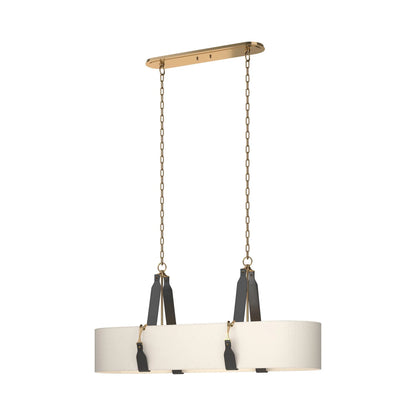 Saratoga Oval Pendant Light in Antique Brass/Leather Black/Natural Linen.