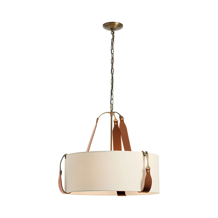 Saratoga Oval Pendant Light in Antique Brass/Leather Chestnut/Natural Linen (Small).