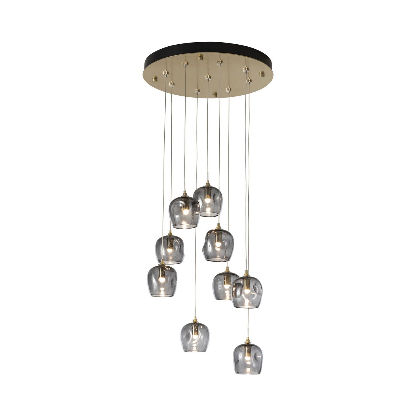 Ume Round LED Multi Light Pendant Light in Modern Brass/Cool Grey Glass.