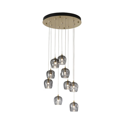 Ume Round LED Multi Light Pendant Light in Modern Brass/Cool Grey Glass.