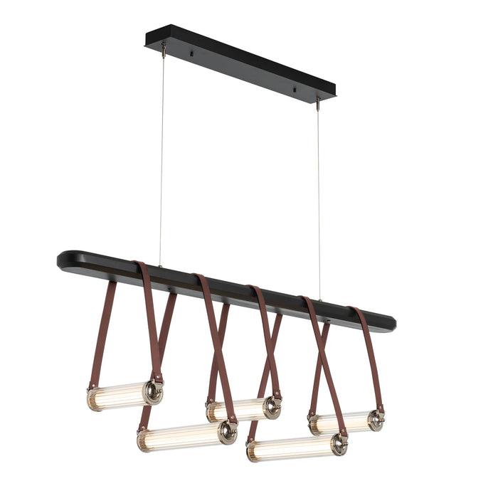 York Linear LED Pendant Light in Polished Nickel/British Brown Leather/Black Wood.