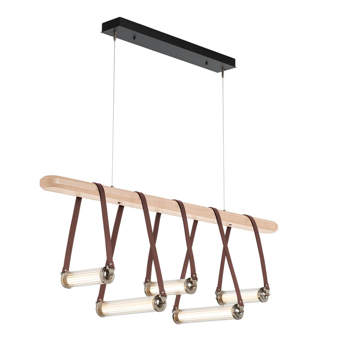 York Linear LED Pendant Light in Polished Nickel/British Brown Leather/Maple Wood.