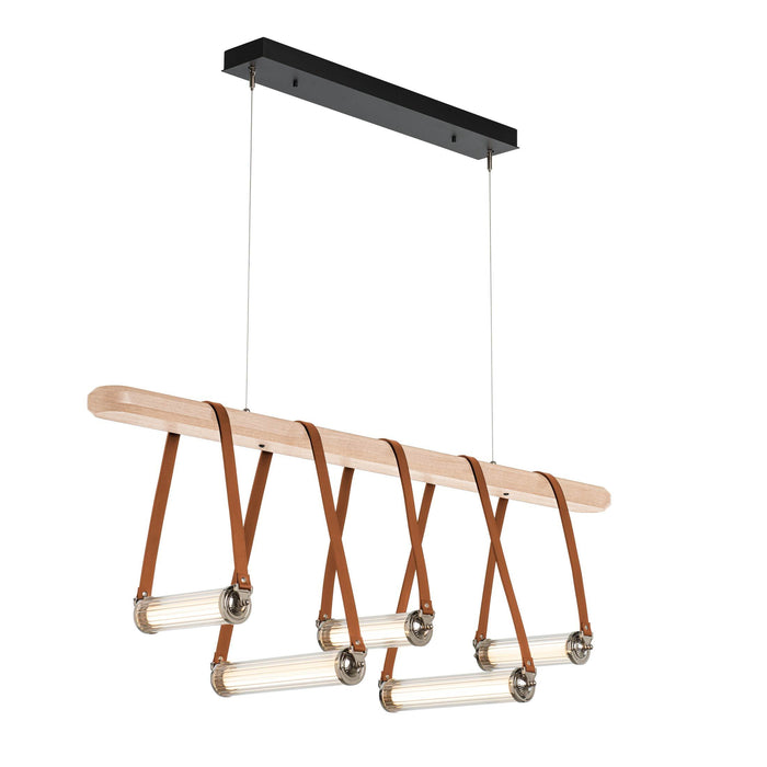 York Linear LED Pendant Light in Polished Nickel/Chestnut Leather/Maple Wood.