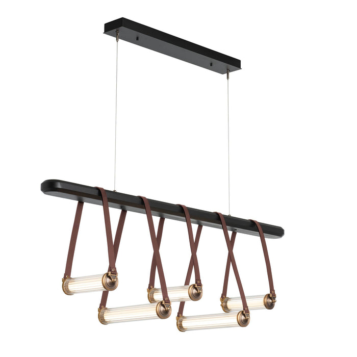 York Linear LED Pendant Light in Antique Brass/British Brown Leather/Black Wood.