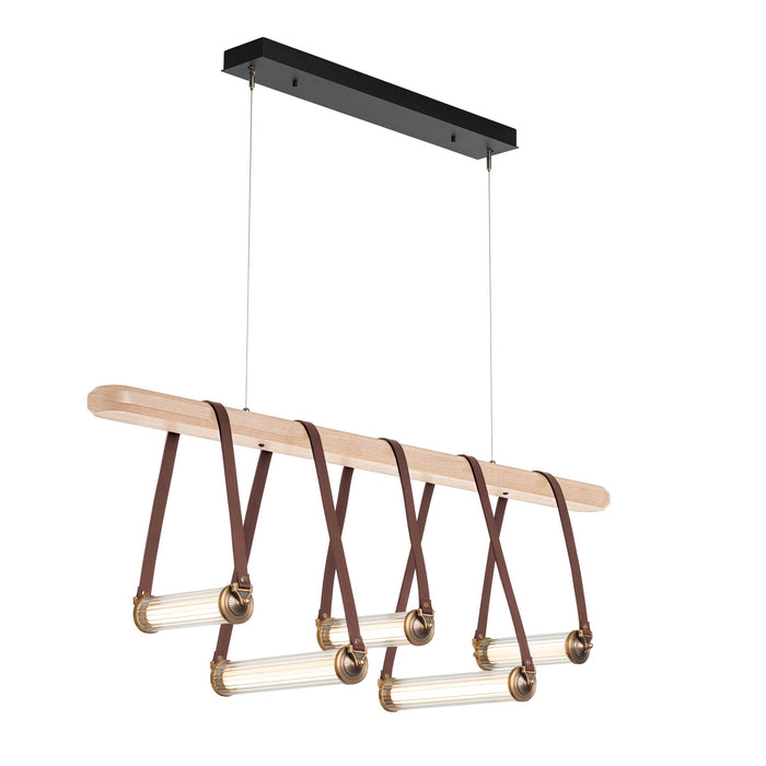 York Linear LED Pendant Light in Antique Brass/British Brown Leather/Maple Wood.