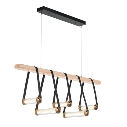 York Linear LED Pendant Light in Antique Brass/Black Leather/Maple Wood.