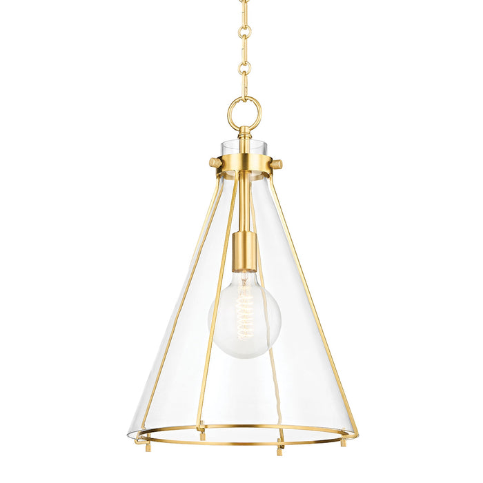 Eldridge Glass Pendant Light in Cone/Aged Brass.