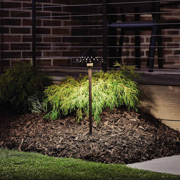 Cast Hammered Roof LED Path Light in Outdoor Area.